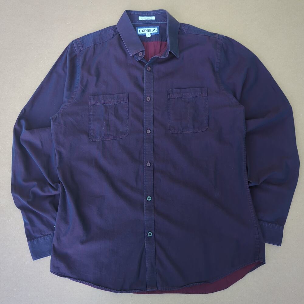 Express Extra Slim Fit Utility Button Up Shirt Navy Burgundy Men’s